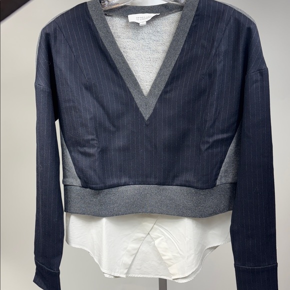 Derek Lam 10 Crosby Navy Blue Grey V-Neck Long Sleeve Sweater White Underlayer - Picture 8 of 13